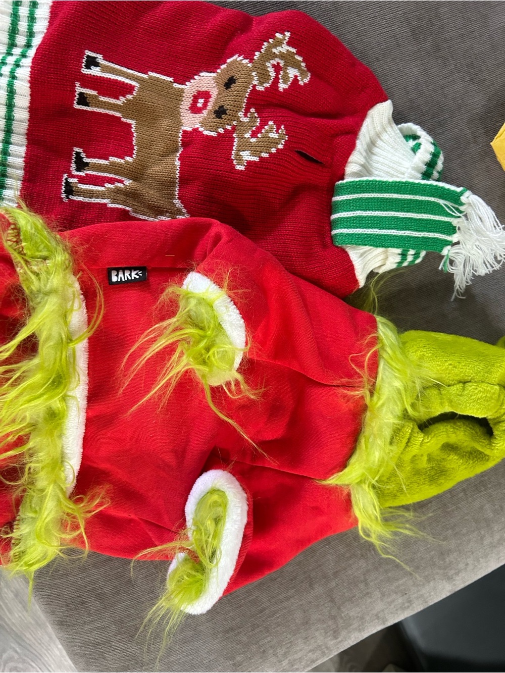 Bark Red Plush Holiday Pet Costume with Lime Trim